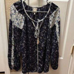 Navy Floral Women's Blouse with Tie-Front